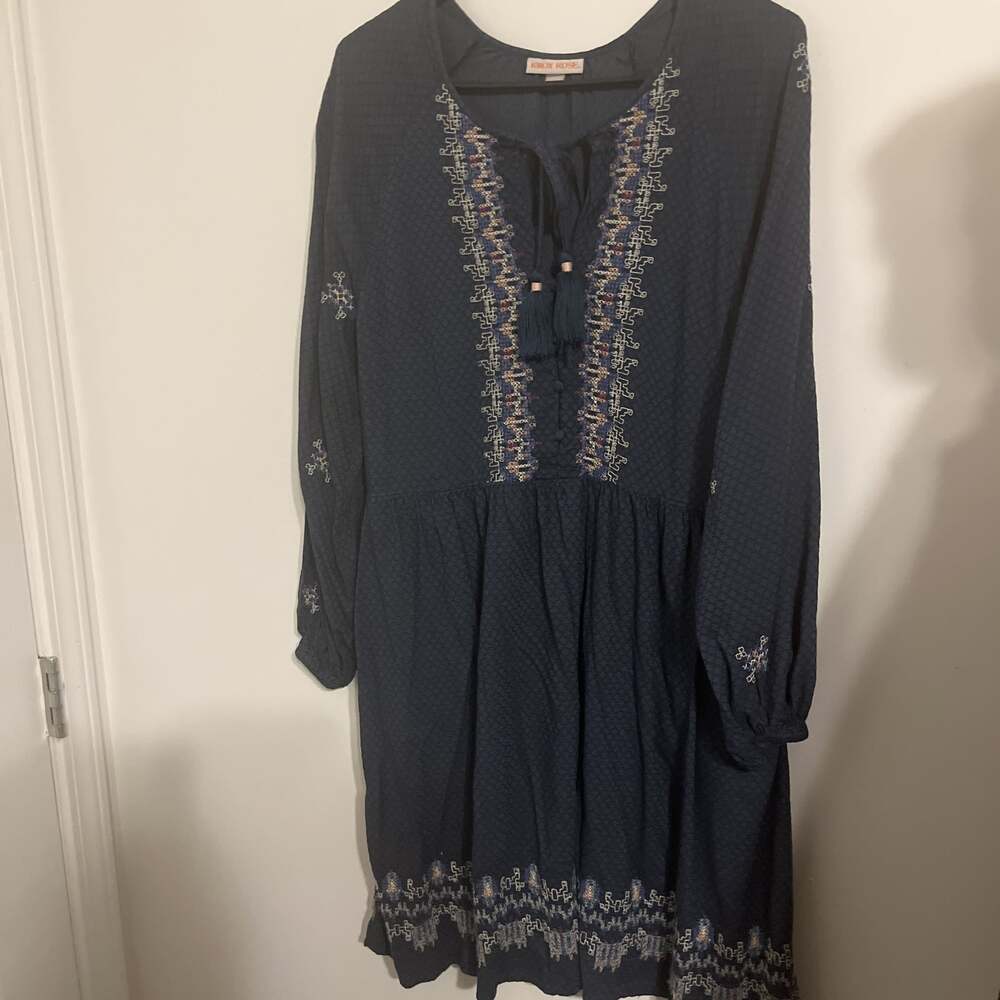 Knox Rose Balloon Long Sleeve Embroidered Boho Cross Stitch Dress Blue